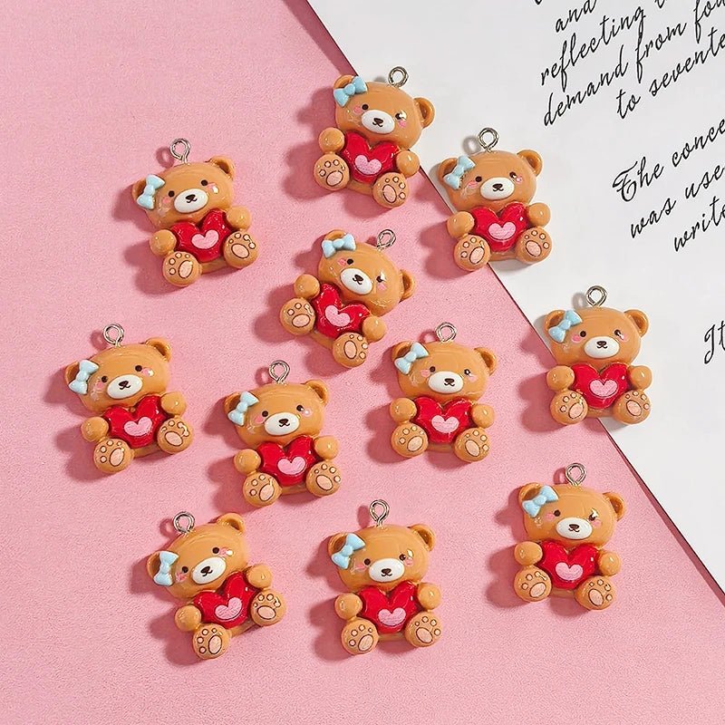 10pcs Valentine's Day Gifts Resin Teddy Bear Charms Hug Heart Cute Animal Pendant DIY Women Earring Necklace Jewelry Making - everyday trend