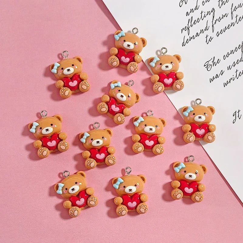 10pcs Valentine's Day Gifts Resin Teddy Bear Charms Hug Heart Cute Animal Pendant DIY Women Earring Necklace Jewelry Making - everyday trend