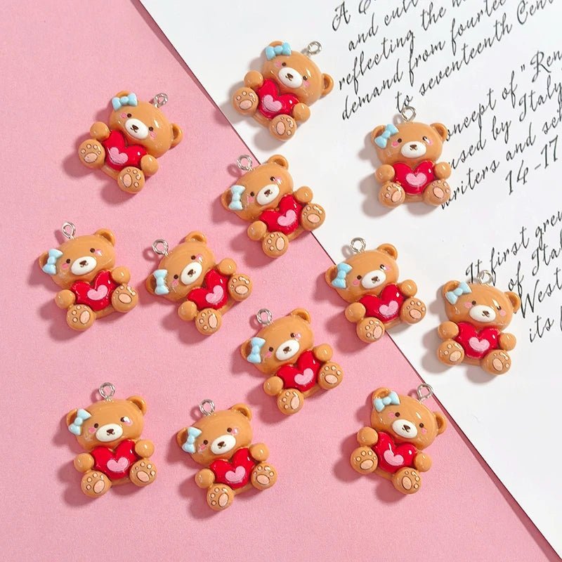 10pcs Valentine's Day Gifts Resin Teddy Bear Charms Hug Heart Cute Animal Pendant DIY Women Earring Necklace Jewelry Making - everyday trend