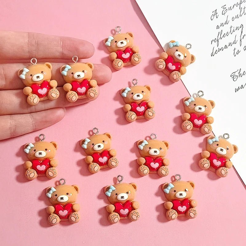 10pcs Valentine's Day Gifts Resin Teddy Bear Charms Hug Heart Cute Animal Pendant DIY Women Earring Necklace Jewelry Making - everyday trend