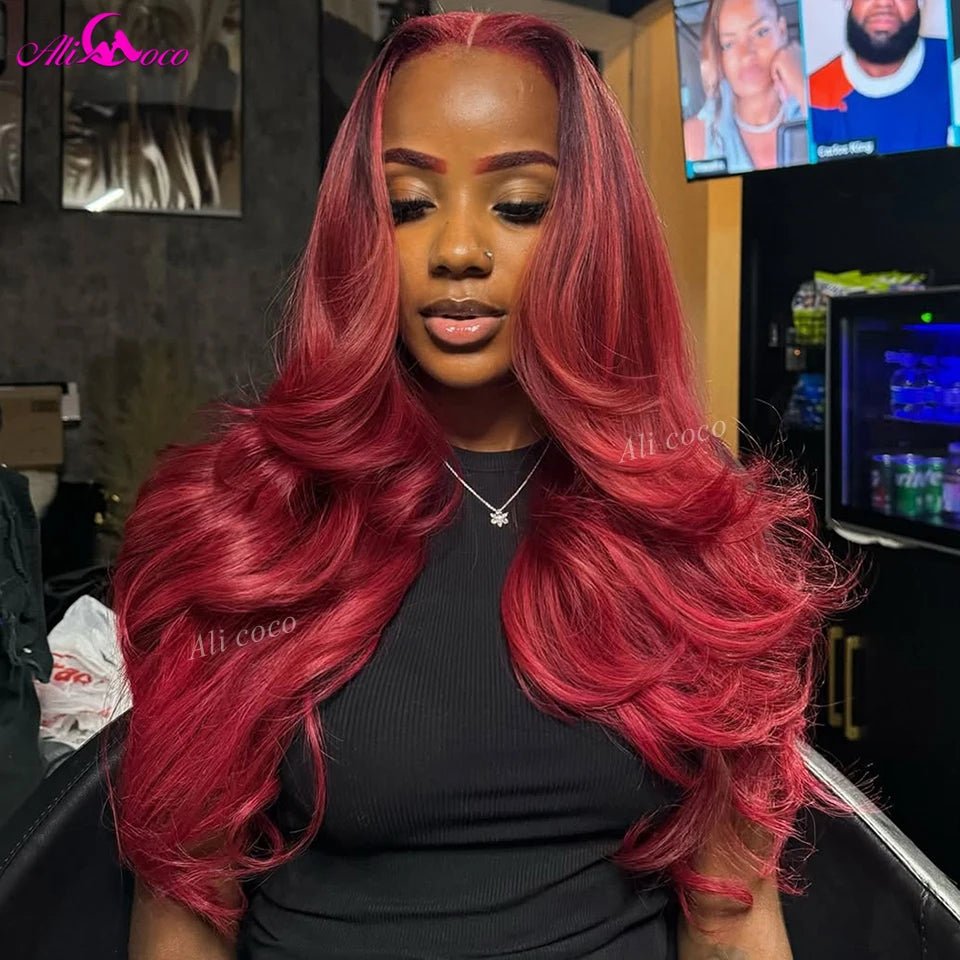 180 Density Body Wave Human Hair Wig 13x6 Lace Front Wig Ombre Red Colored 5x5 Transparent Lace Closure Wig for Women - everyday trend