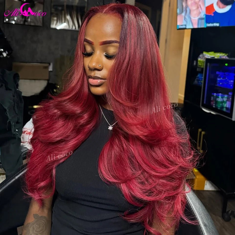 180 Density Body Wave Human Hair Wig 13x6 Lace Front Wig Ombre Red Colored 5x5 Transparent Lace Closure Wig for Women - everyday trend