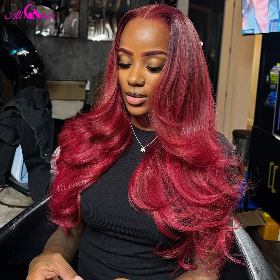 180 Density Body Wave Human Hair Wig 13x6 Lace Front Wig Ombre Red Colored 5x5 Transparent Lace Closure Wig for Women - everyday trend