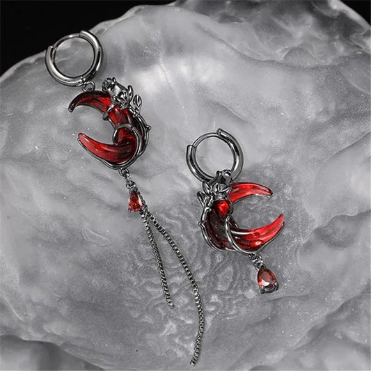 Asymmetry Red Moon Rose Earrings for Women European American Style Personality Crystal Drop Pendant Earrings Jewelry - everyday trend