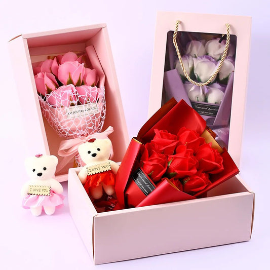 Valentine’s Day Mother’s Day Artificial Soap Rose Bouquet with Teddy Bear Gift Box Romantic Gift for Her Creative Home Decor - everyday trend